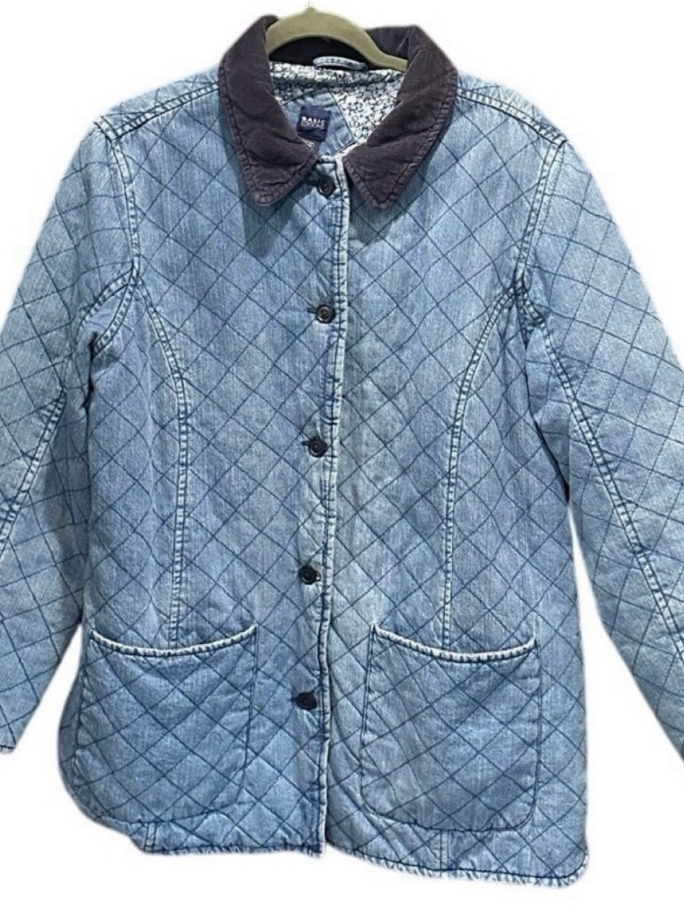 Vintage Quilted Denim Barn Jacket Navy Corduroy Collar Oversized - Picture 3 of 7